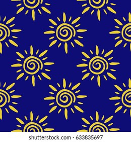 Seamless pattern made of vintage sun signs. Great to use for occult, magic and esoteric design. Blue gold backdrop. Great for fabric, scrapbooking and textile. Vector