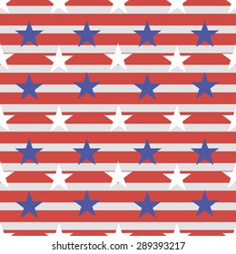Seamless pattern made from white and blue five pointed stars on a background with red stripes