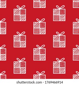 Seamless pattern made from white doodle gift boxes with bow on red background. Vector stock illustration.