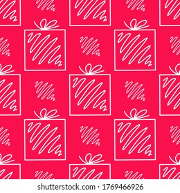 Seamless pattern made from white doodle gift boxes with bow on pink background. Vector stock illustration.