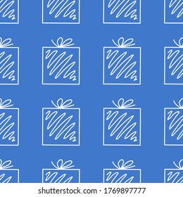 Seamless pattern made from white doodle gift boxes with bow on blue background. Vector stock illustration.