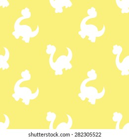 Seamless pattern made of white small dinosaur silhouettes on yellow background