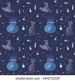 Seamless pattern made of witch stuff illustrations (cauldron, potions, hat, black cat). Halloween theme. Endless texture for design. Vector illustration. For kids products.