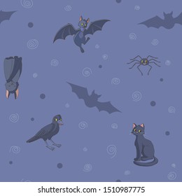 Seamless pattern made of witch's pets illustrations (black cat, raven, spider, bat). Halloween theme. Endless texture for design. Vector illustration. For kids products.