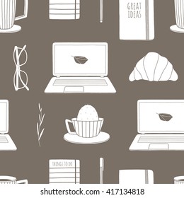 Seamless pattern made of work space essentials. Hand drawn vector background 