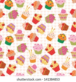 Seamless pattern made of yummy cupcakes.