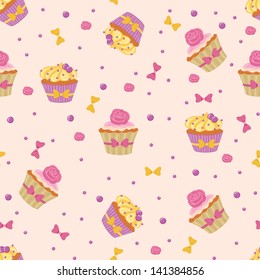 Seamless pattern made of yummy cupcakes.