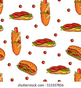 Seamless pattern made of yummy hand drawn hot dogs and cherry tomatoes. Colorful and tasty.
