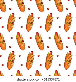 Seamless pattern made of yummy hand drawn hot dogs and cherry tomatoes. Colorful and tasty.