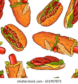 Seamless pattern made of yummy hand drawn hot dogs and sandwiches. Colorful and tasty.