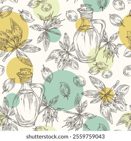 Seamless pattern with madhuca indica: madhuca indica plant, leaves, flowers, madhuca indica fruits and bottle of madhuca oil. Vector hand drawn illustration