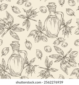 Seamless pattern with madhuca indica: madhuca indica plant, leaves, flowers, madhuca indica fruits and bottle of madhuca oil. Vector hand drawn illustration