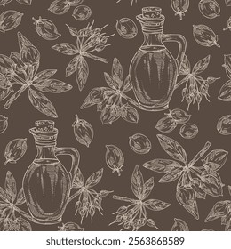 Seamless pattern with madhuca indica: madhuca indica plant, leaves, flowers, madhuca indica fruits and bottle of madhuca oil. Vector hand drawn illustration