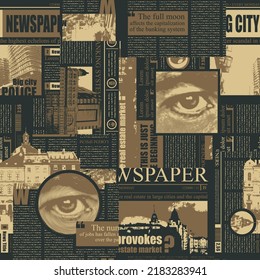 Seamless pattern with magazine and newspaper fragments. Abstract vector background with illegible text, headlines, illustrations and human eyes on a dark backdrop. Wallpaper, wrapping paper, fabric