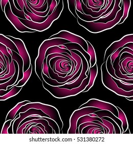 Seamless pattern with magenta and black roses. Vintage pattern with indian batik style rose flowers. Floral vector background.