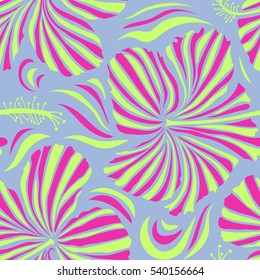 Seamless pattern with magenta, blue and green flowers. Vector illustration. Vector illustration of magenta, blue and green hibiscus flowers.