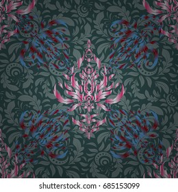 Seamless pattern with magenta, blue and red elements for design in retro style. Universal vector pattern for wallpapers, textile, fabric, wrapping paper, packaging box etc. Vintage pattern.