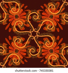 Seamless pattern with a magenta, brown and orange bright summer floral print, flowers, foliage. Vector illustration.