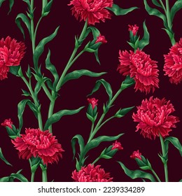 Seamless pattern with magenta carnations. Vector