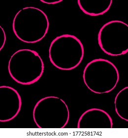 Seamless pattern with magenta circles on black background. Vector design for textile, backgrounds, clothes, wrapping paper, web sites and wallpaper. Fashion illustration seamless pattern.