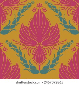 Seamless pattern of magenta Damask motifs on a golden yellow background. Floral abstract repeat background.