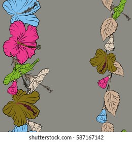 Seamless pattern in magenta and green colors with copy space (place for your text). Vector vintage seamless tropical hibiscus flowers.