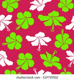 Seamless pattern in magenta, green and neutral colors. Vector vintage seamless tropical hibiscus flowers.