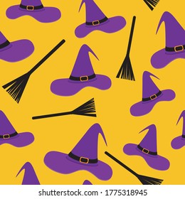 Seamless pattern with magenta hat and witch's broom as a concept of mysticism, gothic, halloween
horror. Flat vector stock illustration for printing on fabric, textile, wrapping paper