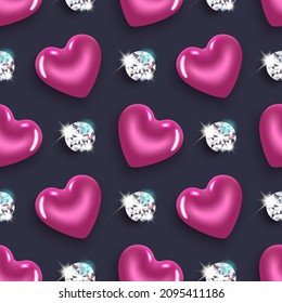 Seamless pattern with magenta hearts and sparkling diamonds. Packaging design for Valentine's Day, Women's Day, Anniversary, Birthday. Against a dark background. Vector.