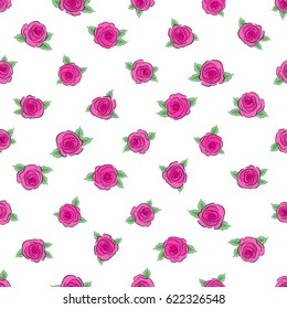 Seamless pattern with magenta rose flowers, vector floral illustration in vintage style.