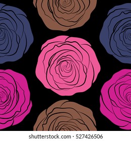 Seamless pattern with magenta, violet and pink roses. Vintage pattern with indian batik style rose flowers. Floral vector background.