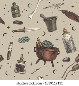 Seamless pattern with magic background for witches and wizards. Mystical objects for witchcraft vector illustration. Pot, jars of potion, knife, mortar, feather. Wicca and pagan traditions.