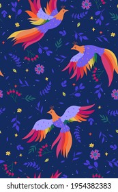 Seamless pattern with magic birds on a blue background. Vector graphics.