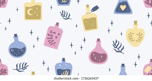 Seamless pattern with magic bottles. Alchemy elixirs background. Vector illustration.