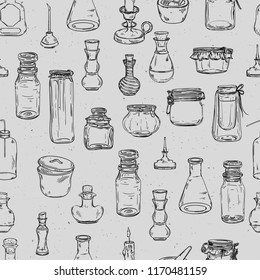 Seamless pattern with magic bottles. Empty alchemy jars for potions. Vintage vector illustration