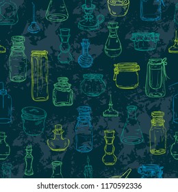 Seamless pattern with magic bottles. Empty alchemy jars for potions. Vintage vector illustration