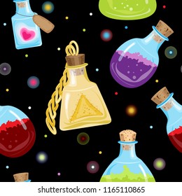 Seamless pattern. Magic bottles with a potion on a black background