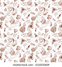 Seamless pattern with magic bottles, potions and stars. Vector pattern