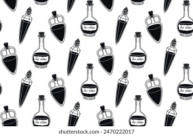 Seamless pattern with magic bottles. Print for fabric. Magic potion. Ornament with flasks with elixir