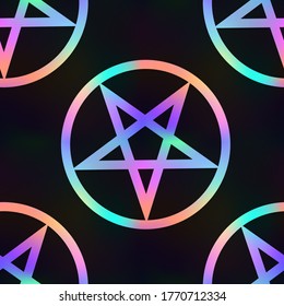 Seamless pattern with magic bright pentagram on a black background, gothic or satanic ornament