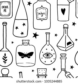 Seamless pattern with magic cartoon bottles and love potions. Monochrome vector illustration. Magic elixir hand drawn texture