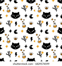 Seamless pattern with magic cat and Holiday attributes. Beautiful print for Halloween. It can be used for packaging, wrapping paper, textile, home decor etc. Graphic vector illustration.