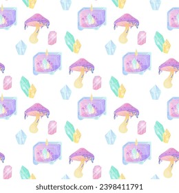 seamless pattern magic crystals, mushrooms, occultism and mysticism