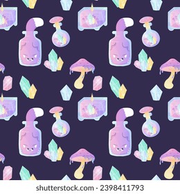 seamless pattern magic crystals, mushrooms, occultism and mysticism