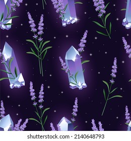 Seamless pattern with magic crystals of stones and lavender. Trendy texture for print, textile, packaging.