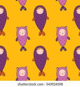 Seamless pattern with magic cute fish. Girl and kitten.Vector illustration for children design. Beautiful mermaid