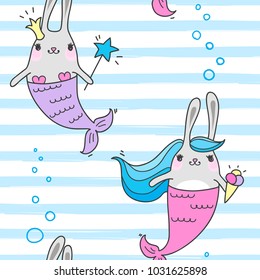 Seamless pattern with magic cute mermaids. Funny little rabbits. Sea theme. Vector illustration.