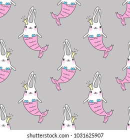 Seamless pattern with magic cute mermaids. Funny little rabbits. Sea theme. Vector illustration.