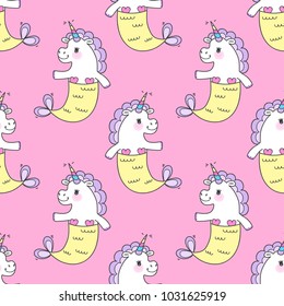 Seamless pattern with magic cute mermaids. Funny little unicorns with mermaid tail and a rainbow mane. Sea theme. Vector illustration.