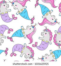 Seamless pattern with magic cute mermaids. Funny little unicorns with mermaid tail and a rainbow mane. Sea theme. Vector illustration.